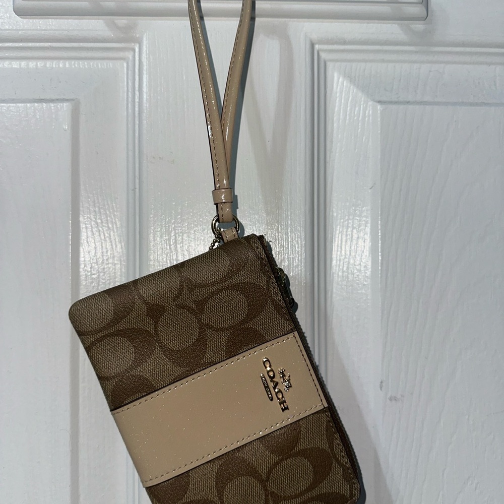 Coach Signature Brown and Cream Wristlet